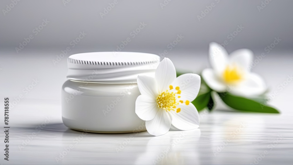 white jar for cream next to a white flower on a white background white jar for cream next to a white flower on a white background