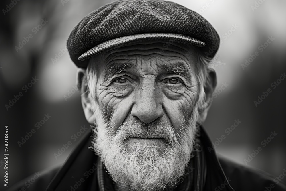 Black and white portrait of a wrinkled old man with a beard and a cap