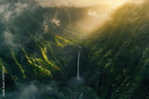 beautiful aerial shot from the sky featuring natural huge beautiful big green mountains with waterfalling into a river flowing between the eco friendly green forest © usman