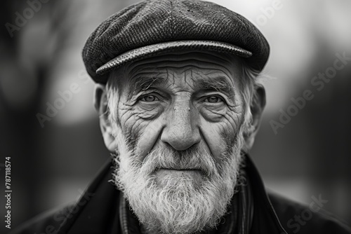 Black and white portrait of a wrinkled old man with a beard and a cap