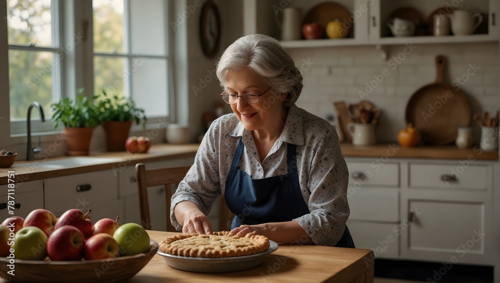A cozy kitchen scene where a grandmother is teaching her grandchild how to make apple pie, with freshly picked apples on the table Generative AI - obrazy, fototapety, plakaty 