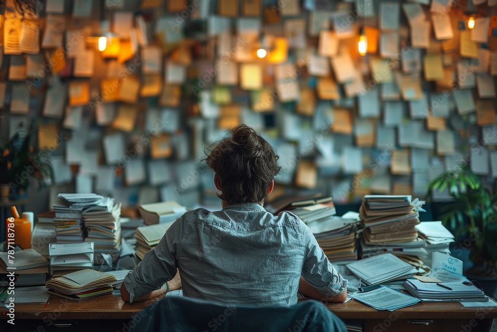 Image shows person amidst a chaos of literature and knowledge, suggesting research or intense study, with intriguing visual depth