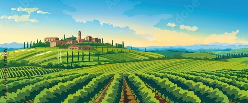Illustration of a Tuscany landscape at night, with rolling hills and vineyards, and small villages in the background, colorful clouds in the sky, detailed in the style of vector art,