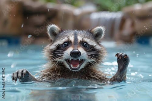 A charming racoon seems to enjoy a swim, calmly floating with water shimmering around it