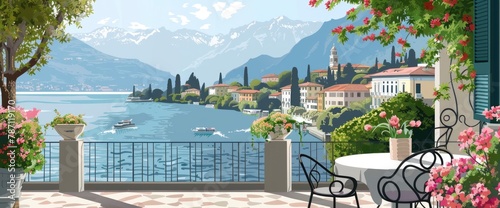 illustration of the balcony view over lake como, italy, with italian buildings and trees in autumn colourway, cozy, detailed, vector art, high resolution, no background elements, sunny day photo