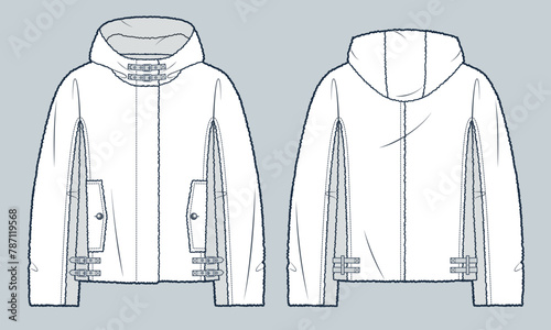 Hooded Fur Jacket technical fashion illustration. Fur and Leather Jacket fashion flat technical drawing template, buckle closure, front and back view, white, women, men, unisex CAD mockup.