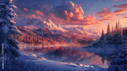 Sunrise in the snow covered mountains