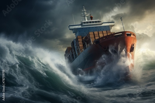 A large cargo ship overcomes a stormy sea and huge waves