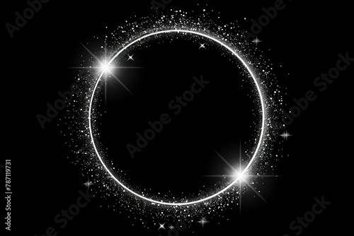 Silver glitter circle of light shine sparkles and grey spark particles in circle frame on black background. Christmas magic stars glow, firework confetti of glittery ring shimmer