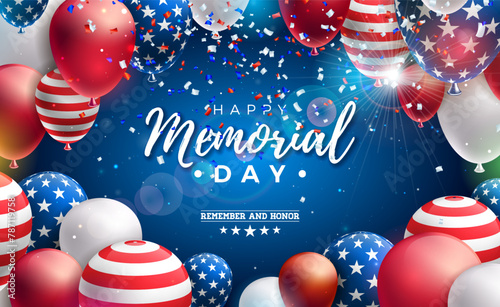 Memorial Day of the USA Vector Design Template with American Flag Air Balloon and Falling Confetti on Shiny Blue Background. National Patriotic Celebration Illustration for Banner, Greeting Card or