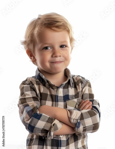 Smiling boy in plaid shirt posing