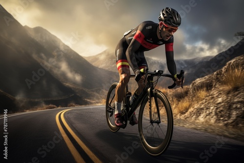 A cyclist in sportswear and a helmet rides down the road on a road racing bike