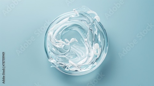 Petri dish with liquid on light blue background  top view