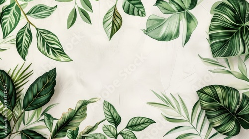 Hand drawn green exotic leaves border frame background with place for text. Ecology, healthy environment, nature, decoration, beauty product concept design backdrop photo