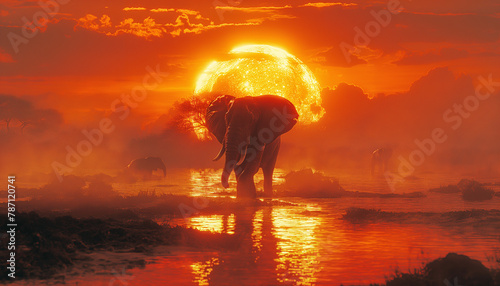 Silhouette of elephant walking by shallow river in small herd against a fiery sunset creates dramatic and majestic scene in the desert. Beauty in nature and animals natural wildlife habitat concept