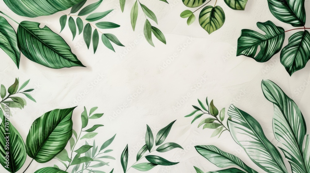 Hand drawn green exotic leaves border frame background with place for text. Ecology, healthy environment, nature, decoration, beauty product concept design backdrop