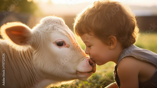 child kissing a calf or little cow. farm and livestock