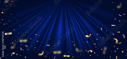 Blue curtain background. Golden confetti banner and ribbon on white background. Celebration grand openning party happy concept.