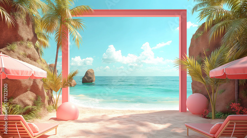 Frame surround by tropical beach with plam tree and sea