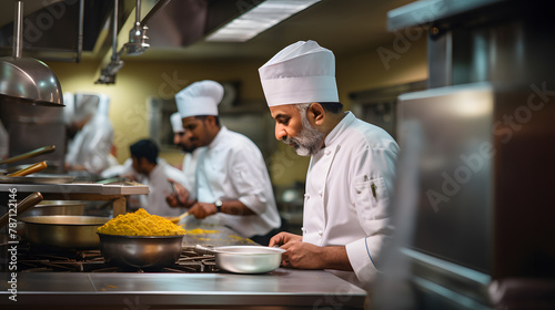 cooking, profession and people concept - happy male Indian chef in over restaurant kitchen background