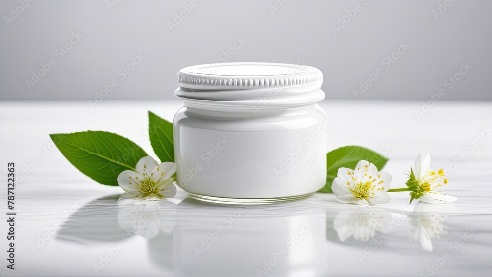 white jar for cream next to a white flower on a white background white jar for cream next to a white flower on a white background