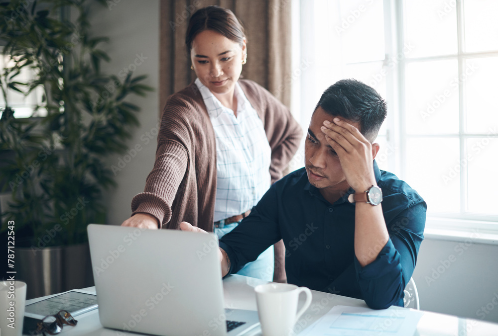 Fototapeta premium Budget, laptop and couple in house, stress and online with internet, technology and tax with loan. Mortgage, woman and man, planning and home office, brainstorming and payment of bills with economy