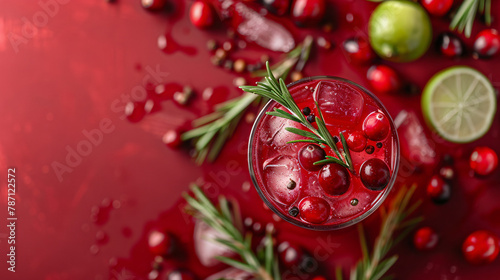 Tasty cranberry cocktail with rosemary and lime in glass