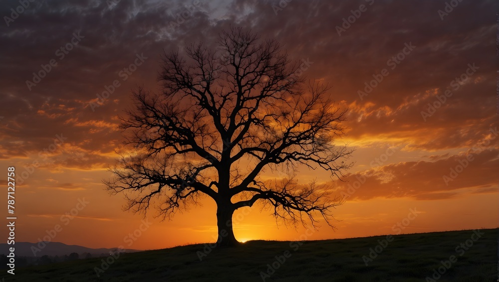 A solitary fruit tree on a hill, silhouetted against a fiery sunset sky Generative AI