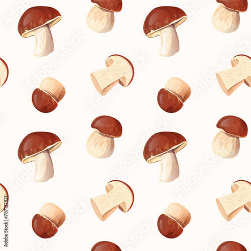 Porcini Mushroom Seamless Pattern on White Background.