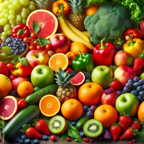 Vibrant Freshness: A Colorful Array of Nutritious Fruits and Vegetables Capturing the Essence of Healthy Living