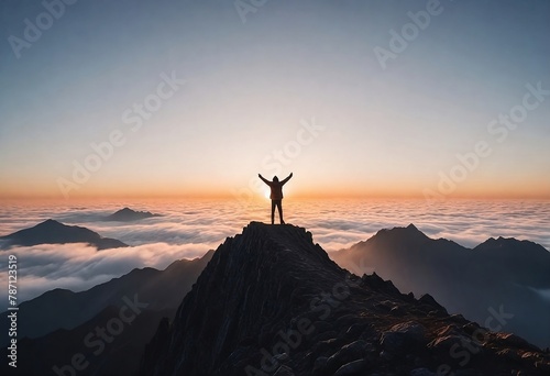 person standing on top of a mountain peak with arms raised, above the clouds during sunrise 