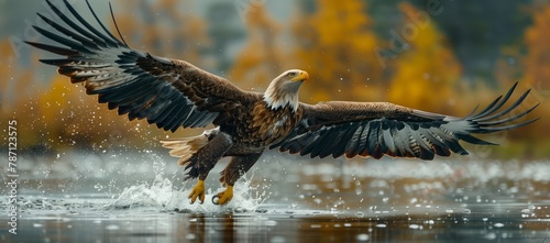 An Accipitridae bird, specifically a bald eagle of the Accipitriformes order, is soaring over a body of water with its wings spread wide photo