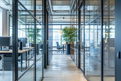 Modern glass walls in an office corridor showcasing the design of the metal frame and door handles with LED lighting with green plants and furniture in the morning