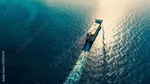 Aerial drone ultra wide photo with copy space of Large RoRo Roll onoff car cargo ship cruising the Mediterranean deep blue sea : Generative AI photo