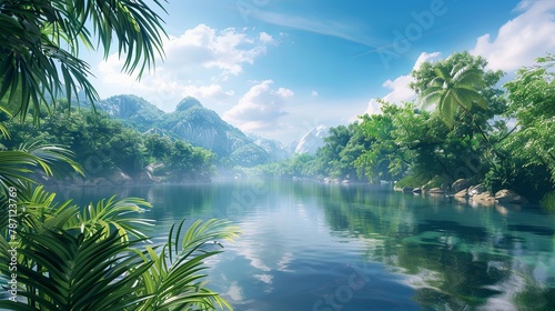 River flowing through trees and mountains on a sunny day, reflecting sunlight