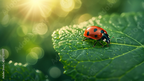 Close-up ladybug walking towards the edge of a green leaf of a tree, background for banner