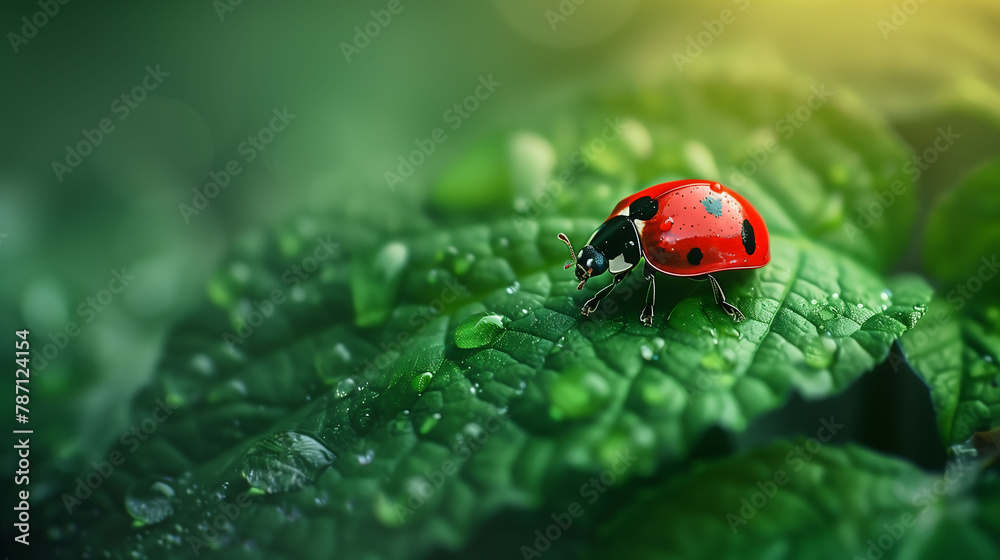 Obraz premium Close-up ladybug walking towards the edge of a green leaf of a tree, background for banner
