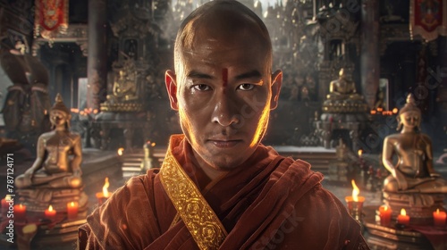 portrait of a Tibetan monk in a monastery photo