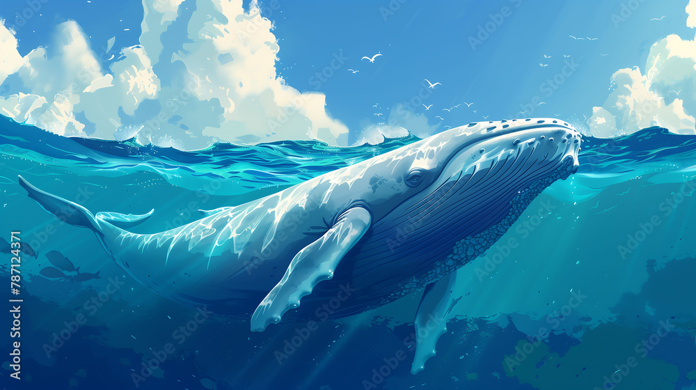 Fototapeta premium Whale gracefully swims in the serene blue ocean waves, whale playfully swimming in clear blue ocean
