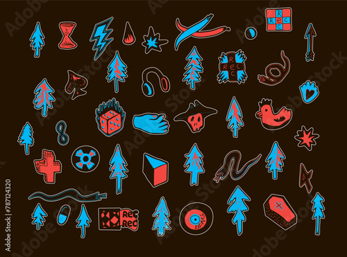 sticker set abstract subcultural objects sign in vector in flat style. element for design, logo, sticker, poster, print