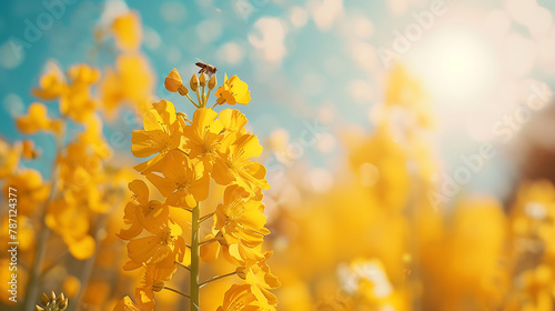 Close up view of bee on flower, bee sucking nectar, background for banner
