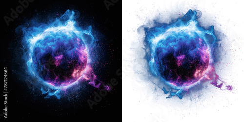 abstract orb-shaped with a blue and purple particle energy burst visual effect, layer overlay isolated on black and alpha transparent PNG background