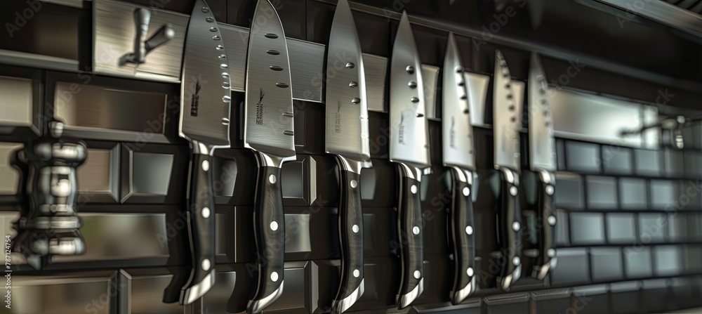 Kitchen knives hung in a row on wall, near Drinkware and Glass items