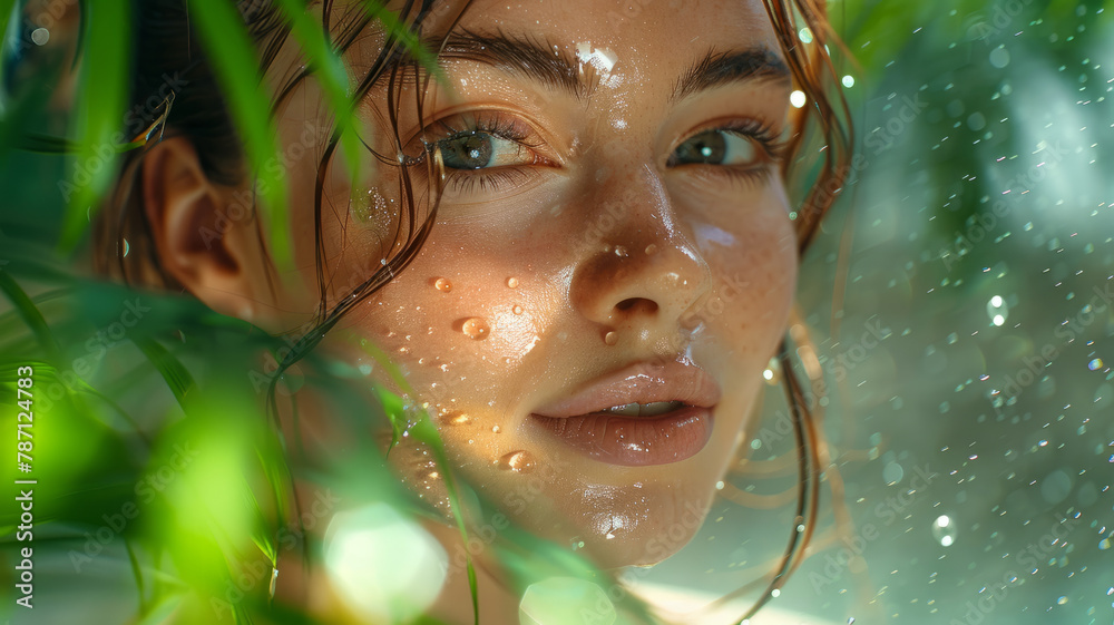 Close-up of a young woman among leaves