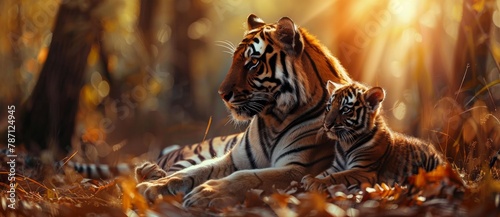 tigress with tiger cub at sunset © Андрей Трубицын