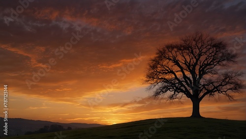 A solitary fruit tree on a hill, silhouetted against a fiery sunset sky Generative AI