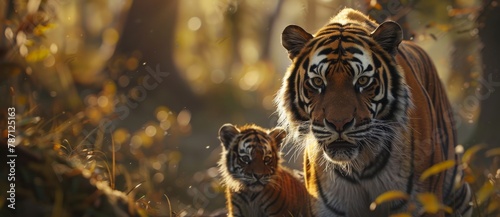 tigress with tiger cub at sunset