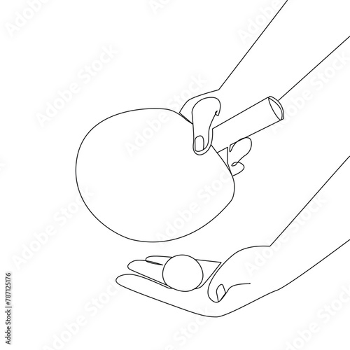 Ping pong concept. One line drawn racket and ping pong ball in human hands before serving. Minimalist style sports illustration. Vector graphics