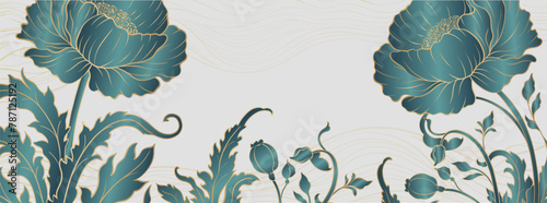 Elegant prestigious background template with peony flowers. The design luxury peony is made for oriental chinese motif with gold and green gradient colors.