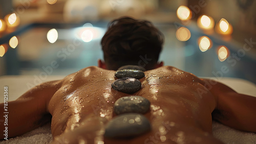 Man receiving hot stone therapy at spa